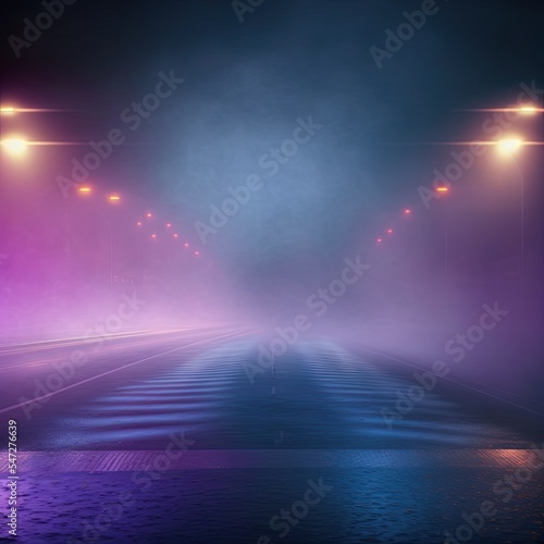 Epic dark background, wet asphalt, streetlights. Empty city street with fog and smoke. © Henry Letham