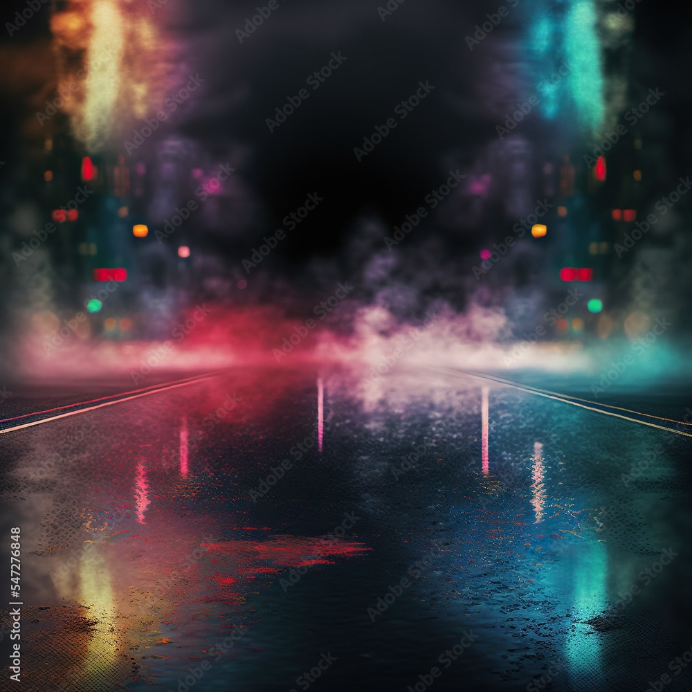 Epic dark background, wet asphalt, neon lights. Empty city street with fog and smoke.