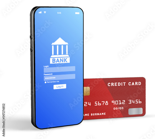 Internet based banking. Mobile phone with internet online bank app. Piggy bank with hundred dollar bill on white background. Online wallet save money. 