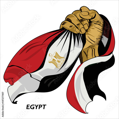Fisted hand holding Egyptian flag. Vector illustration of lifted Hand grabbing flag. Flag draping around hand. Scalable Eps format	
