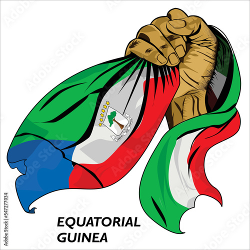 Fisted hand holding Equatorial Guinean flag. Vector illustration of lifted Hand grabbing flag. Flag draping around hand. Scalable Eps format	
