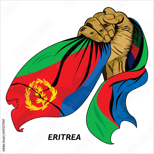 Fisted hand holding Eritrean flag. Vector illustration of lifted Hand grabbing flag. Flag draping around hand. Scalable Eps format	