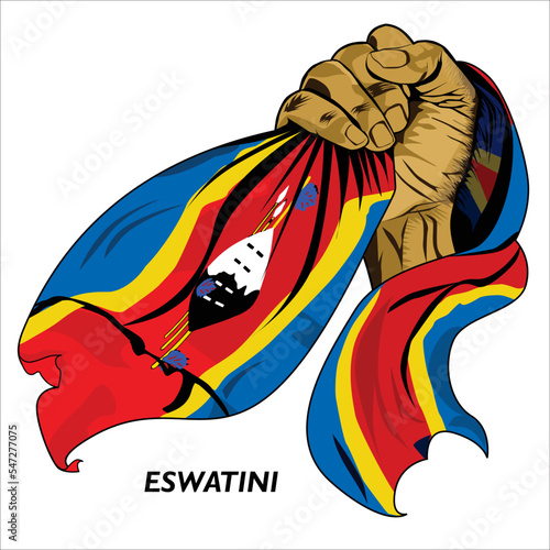 Fisted hand holding Eswatini flag. Vector illustration of lifted Hand grabbing flag. Flag draping around hand. Scalable Eps format	