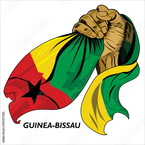 Fisted hand holding Bissau-Guinean flag. Vector illustration of lifted Hand grabbing flag. Flag draping around hand. Scalable Eps format	