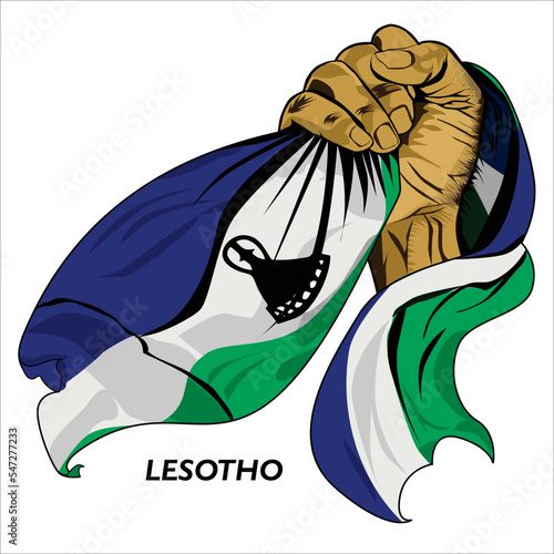 Fisted hand holding Lesotho flag. Vector illustration of lifted Hand grabbing flag. Flag draping around hand. Scalable Eps format	