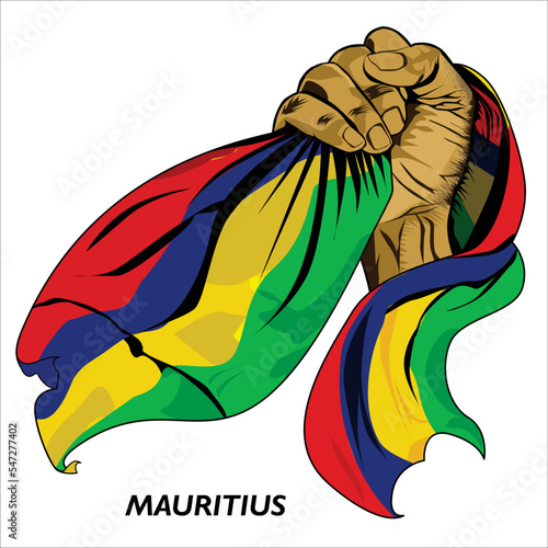 Fisted hand holding Mauritians flag. Vector illustration of lifted Hand grabbing flag. Flag draping around hand. Scalable Eps format	