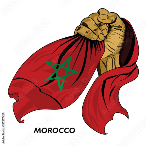 Fisted hand holding Moroccan flag. Vector illustration of lifted Hand grabbing flag. Flag draping around hand. Scalable Eps format	