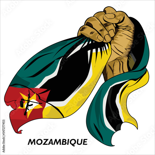 Fisted hand holding Mozambican flag. Vector illustration of lifted Hand grabbing flag. Flag draping around hand. Scalable Eps format	