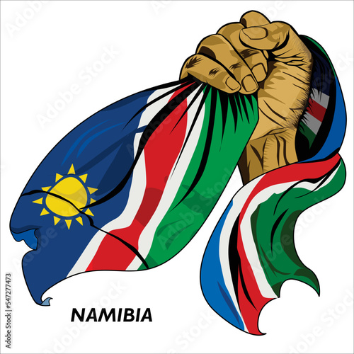 Fisted hand holding Namibian flag. Vector illustration of lifted Hand grabbing flag. Flag draping around hand. Scalable Eps format	