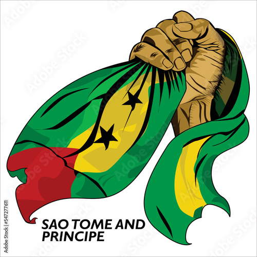 Fisted hand holding Sao tome and Principe flag. Vector illustration of lifted Hand grabbing flag. Flag draping around hand. Scalable Eps format	