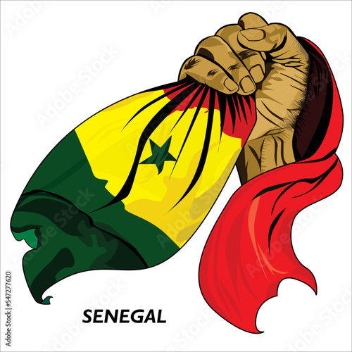 Fisted hand holding Senegalese flag. Vector illustration of lifted Hand grabbing flag. Flag draping around hand. Scalable Eps format	