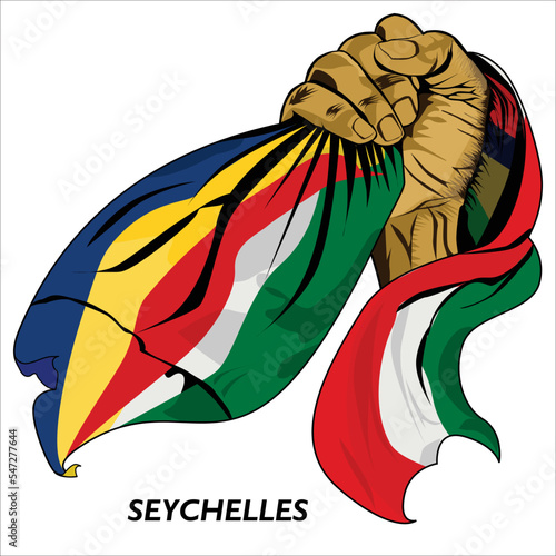 Fisted hand holding Seychellois flag. Vector illustration of lifted Hand grabbing flag. Flag draping around hand. Scalable Eps format	