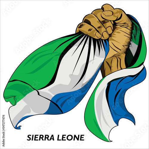 Fisted hand holding SIERRA Leonean flag. Vector illustration of lifted Hand grabbing flag. Flag draping around hand. Scalable Eps format	