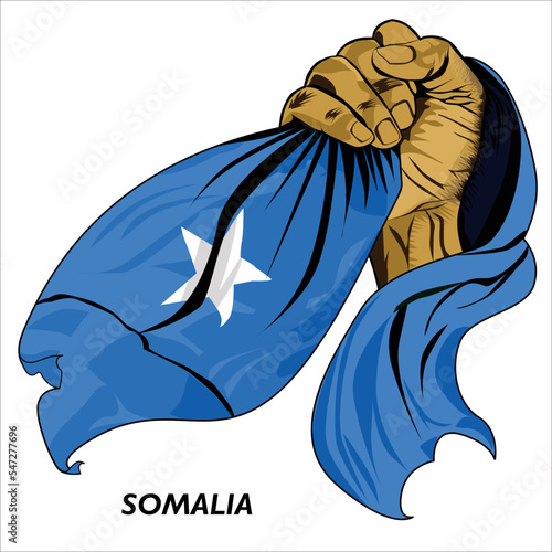 Fisted hand holding Somalian flag. Vector illustration of lifted Hand grabbing flag. Flag draping around hand. Scalable Eps format	