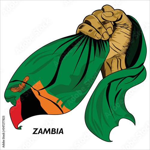 Fisted hand holding Zambian flag. Vector illustration of lifted Hand grabbing flag. Flag draping around hand. Scalable Eps format	