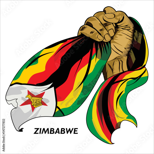 Fisted hand holding Zimbabwean flag. Vector illustration of lifted Hand grabbing flag. Flag draping around hand. Scalable Eps format	