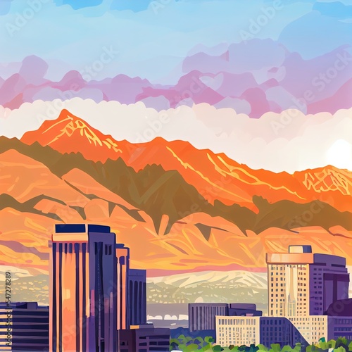 Downtown city skyline of Salt Lake City, Utah, with the Wasatch mountains in the background in afternoon sunshine. photo