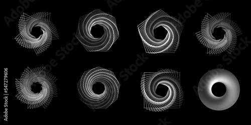 Set of 3D twisted lines or snowflakes. Geometry tunnel with gradient. Abstract technology hexagon. Vector illustration.