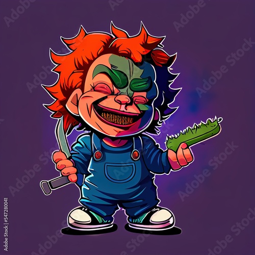 nug Chucky smoking blunt and holding knife and bag bud nug weed flower color mascot character photo