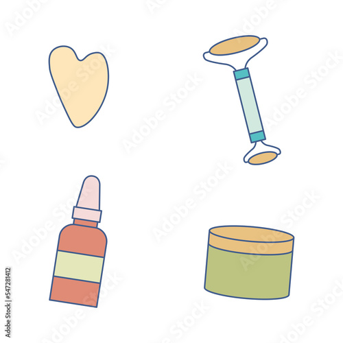 Facial massage kit icon set, gua sha stone concept, jade stone roller vector icons, cosmetic face massage emblems, anti-aging tools symbols isolated on white background