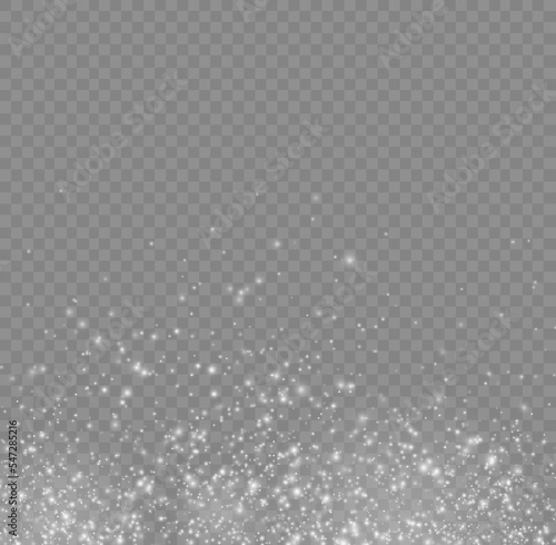 Blur white sparks and glitter special light effect. Fine, shiny bokeh dust particles fall off slightly. Defocused silver sparkle, stars and blurry spots. Magical flickering lights. Vector illustration