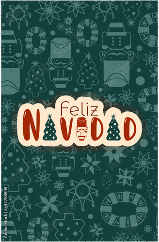 Poster/tarjeta vertical de feliz navidad con iconos navideños en fondo verde