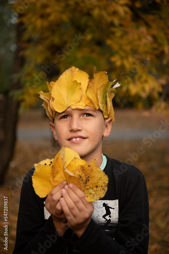 Beautiful smiling teenage boy with crown of yellow fallen leaves 