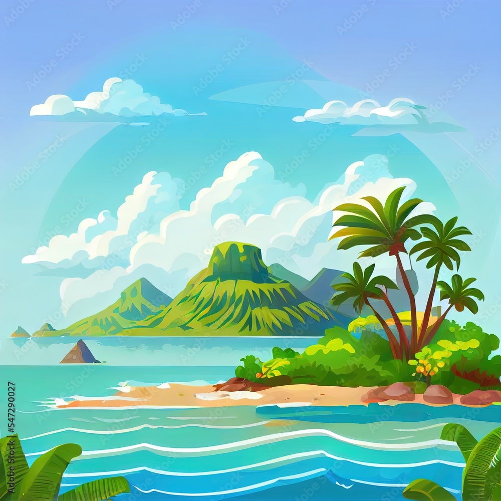 Summer tropical beach with mountains and islands. Seaside landscape, nature vacation, ocean or sea seashore.2d illustrated cartoon illustration.