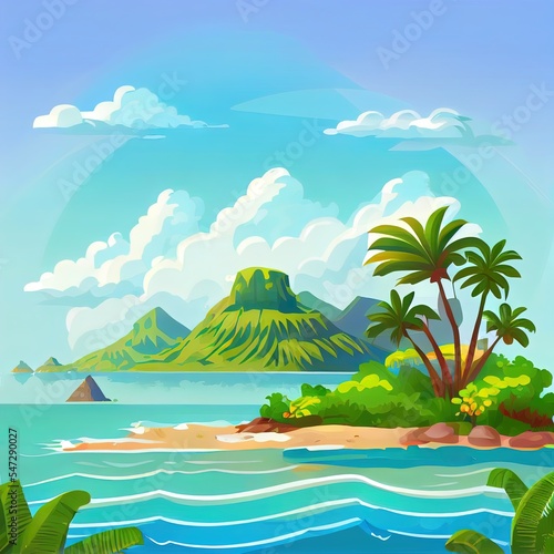 Summer tropical beach with mountains and islands. Seaside landscape, nature vacation, ocean or sea seashore.2d illustrated cartoon illustration.