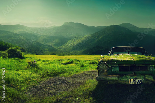abandoned old car in the field photo