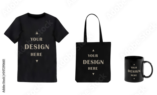 Black T-shirt, Black tote bag, Black mug template set. Vector illustration © bahtiarmaulana