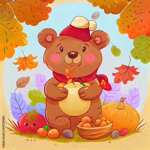 Autumn composition with a happy bear holding a mushroom  autumn berries  leaves and tree branches Cute Autumn  perfect for web  harvest festival  banner  card and thanksgiving 2d illustrated