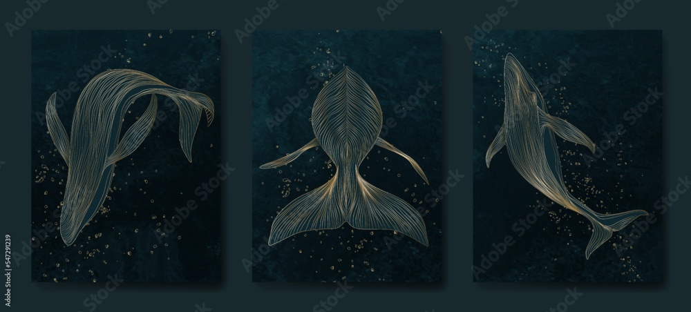 Fototapeta premium Dark luxury art background with whales hand drawn in gold art line style. Vector animalistic set for decoration, print, textile, wallpaper, interior design, packaging, invitations.