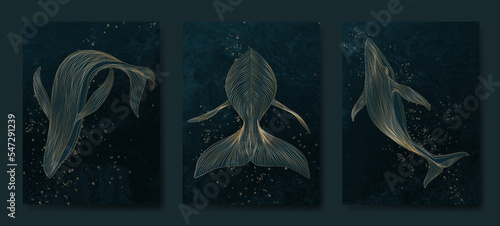Dark luxury art background with whales hand drawn in gold art line style. Vector animalistic set for decoration, print, textile, wallpaper, interior design, packaging, invitations.