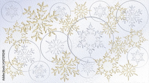 Konstfotografi Gold and silver translucent snowflakes on a paper textured background