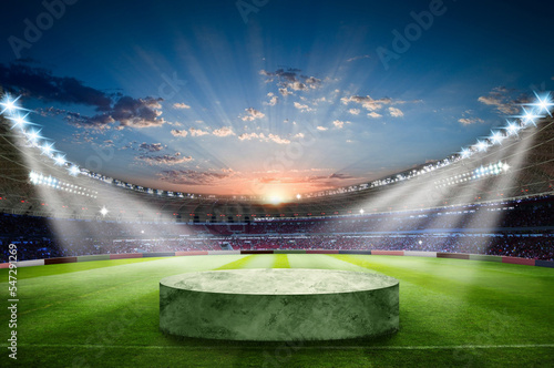 Soccer podium on grass inside football stadium 