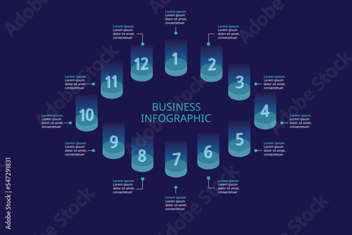 step number chart template for infographic for presentation for 12 element with blue light