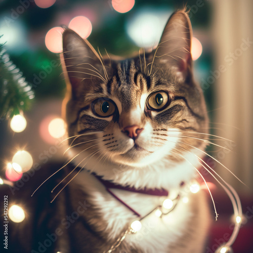 Cat winter holidays, christmas illustration kittie.