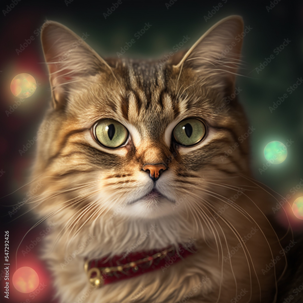 Close-up portrait of a cat, christmas light background.