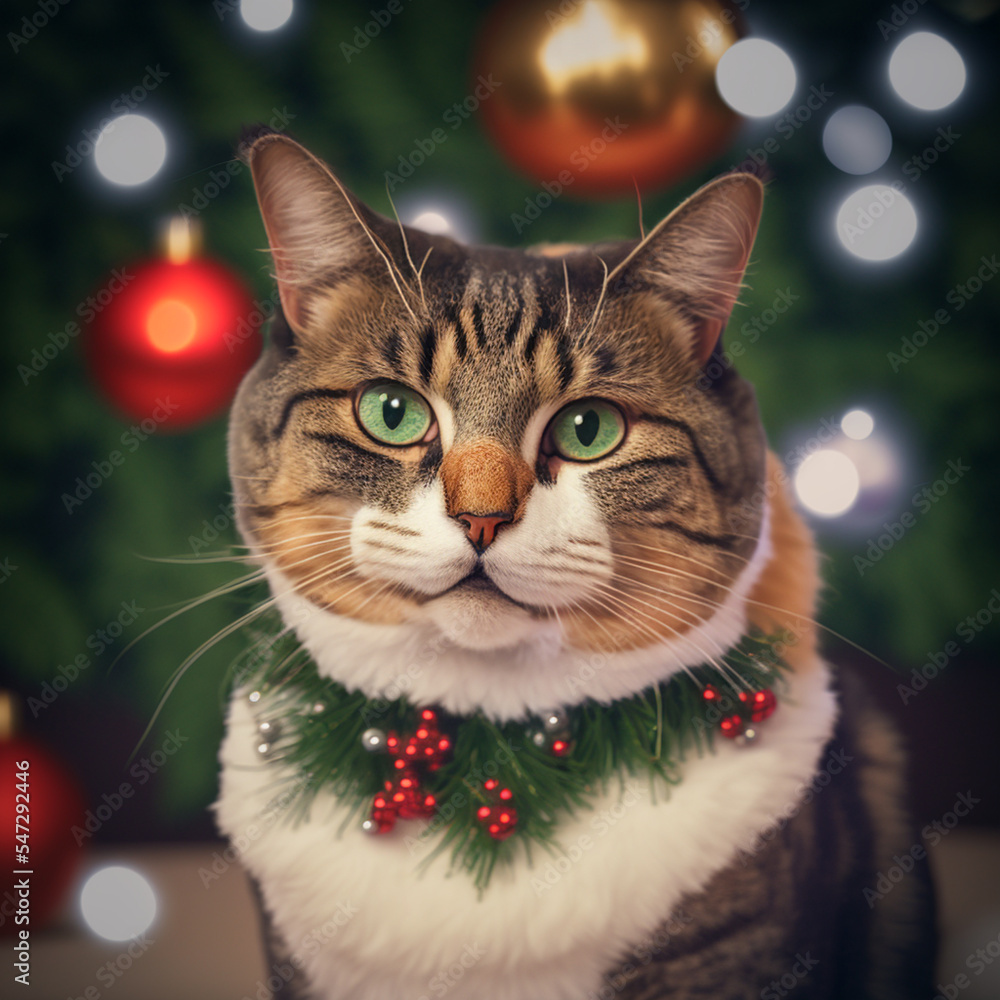 Cat portrait, christmas decoration background.