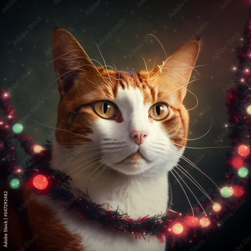 Cute cat portrait, christmas light background. Cute cat portrait, christmas light background.