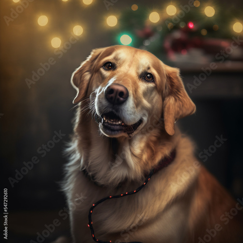 Xmas and Dog,room in christmas decoration.