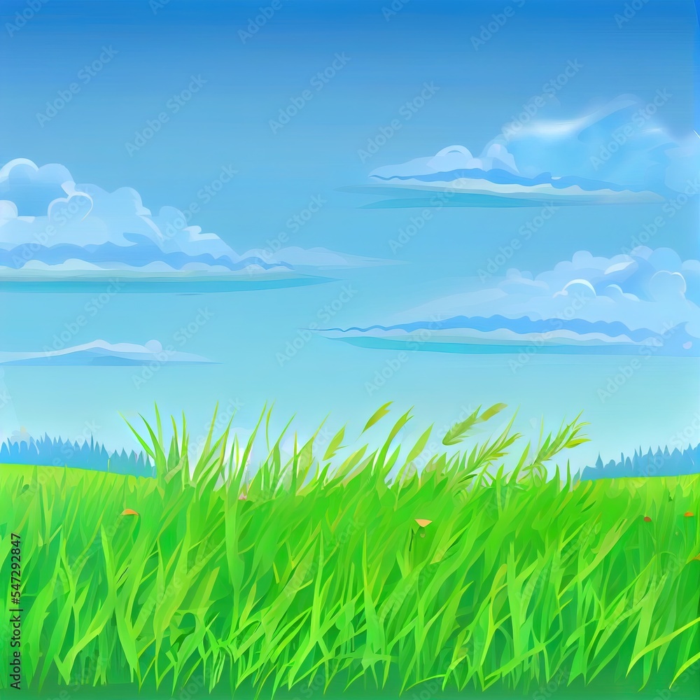 Beautiful summer landscape blue sky and green grass. 2d illustrated illustration isolated illustration Beautiful summer landscape blue sky and green grass. 2d illustrated illustration isolated illustration