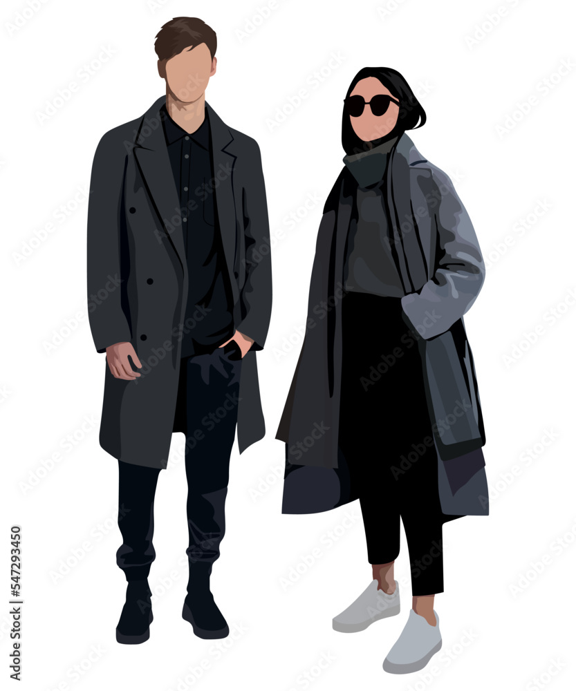 Vector fashion illustration of stylish pretty girl and handsome stylish man. Stylish couple. Relationships. Fall winter illustration. Romantic couple