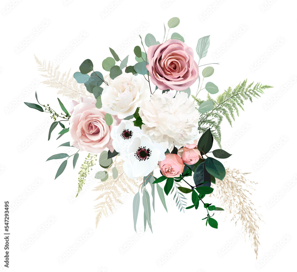 Blush pink rose, ranunculus, peony, white anemone  flowers, pampas grass, eucalyptus vector design bouquet