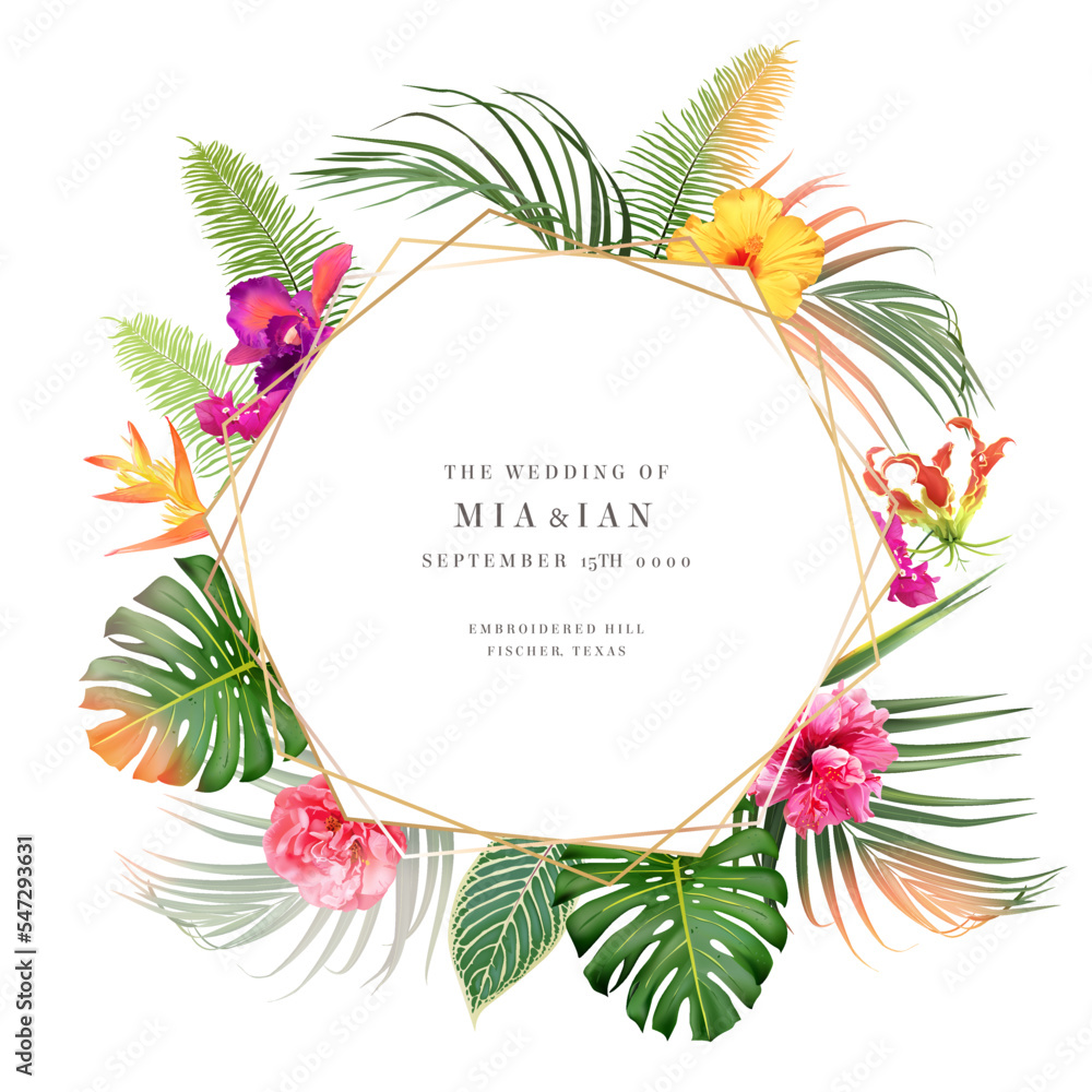 Tropical greenery frame with exotic palm leaves, bright hot pink exotic flowers, colorful floral, monstera Tropical greenery frame with exotic palm leaves, bright hot pink exotic flowers, colorful floral, monstera