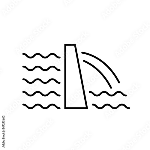 Hydroelectric power station icon vector outline black EPS 10. Water-power plant illustration. Renewable energy source. Eco awareness concept. Hydropower sign. Isolated on white for web, app, dev