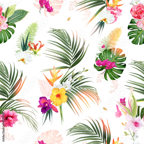 Tropical greenery print with exotic palm leaves, bright hot pink exotic flowers, monstera