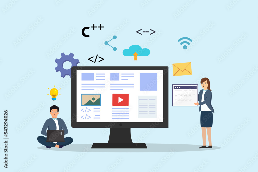 Business team maintenance website page and content, flat design illustration Business team maintenance website page and content, flat design illustration