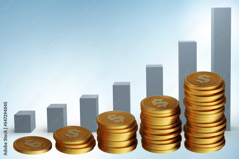 Illustration with coins showing growth - 3d rendering Illustration with coins showing growth - 3d rendering